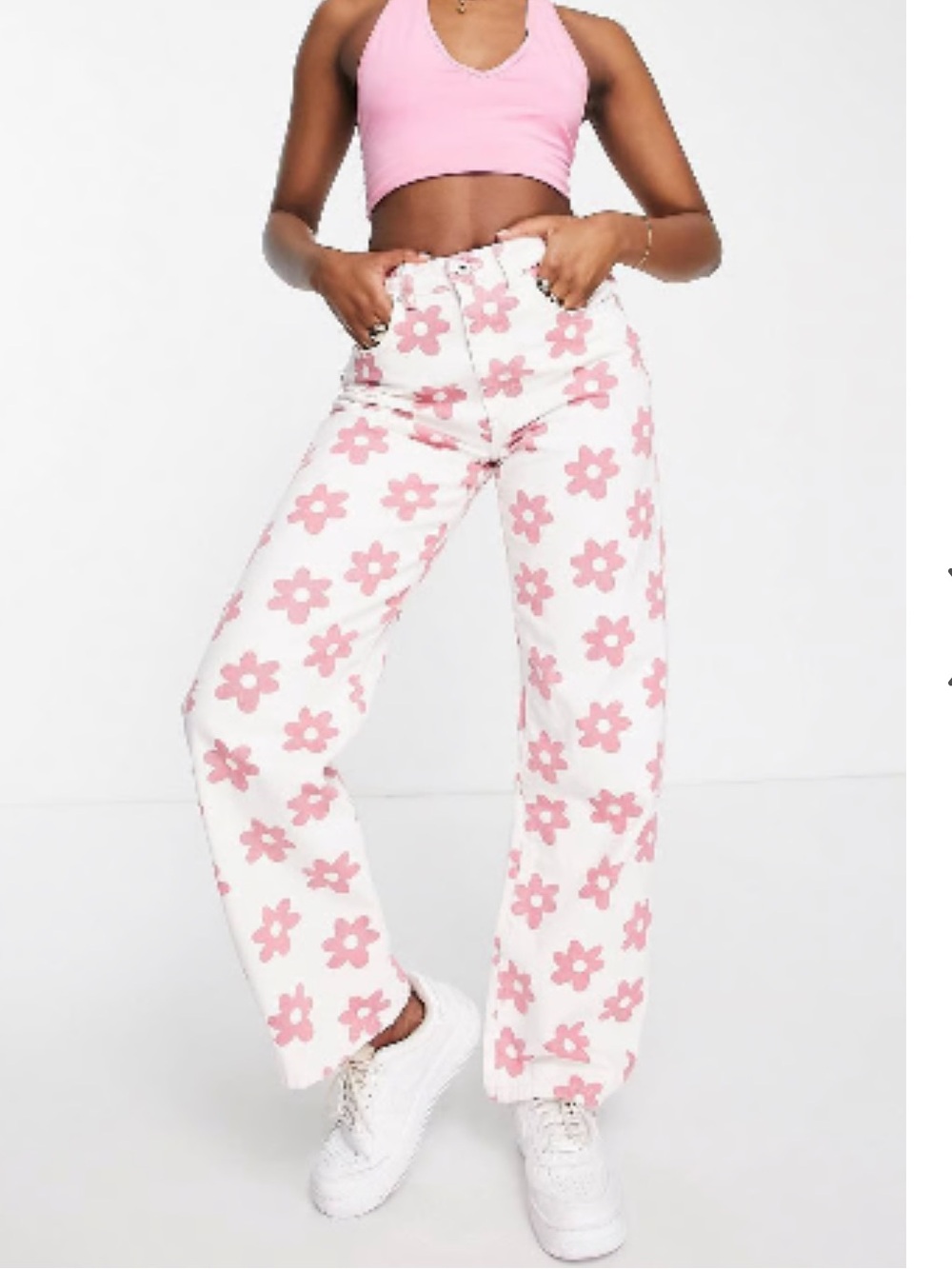 Cotton:On Loose Straight Leg High Waist White Jeans Pink Flowers Size US 4